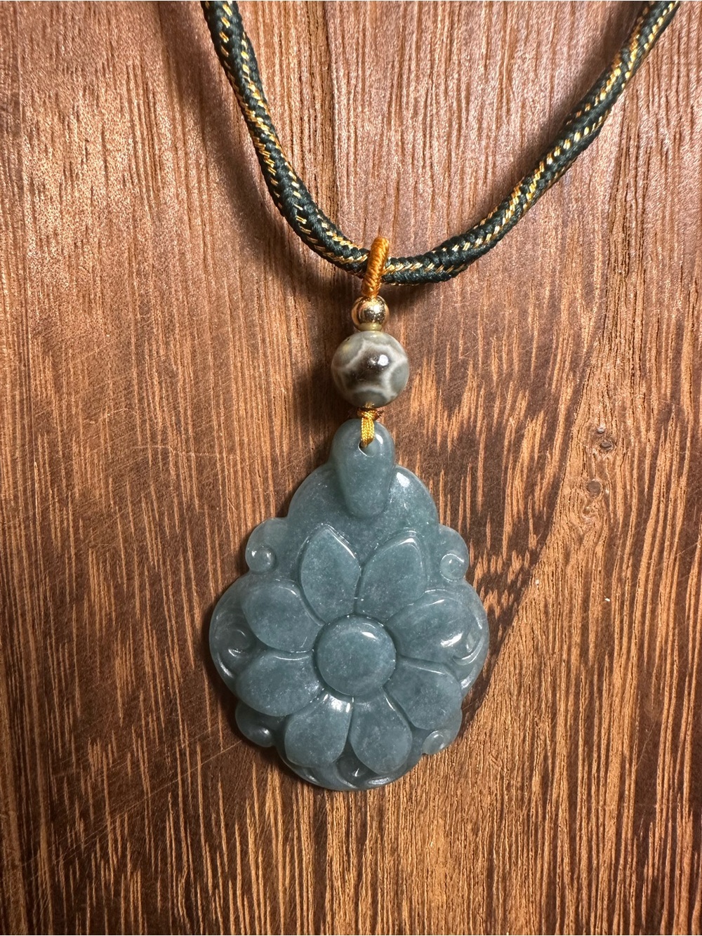 Green Jade Flower Pendant Necklace with Ocean Jasper on Green and Gold Rope